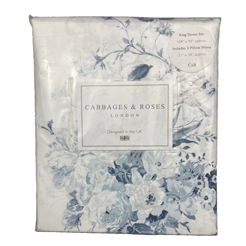 Cabbages and Roses London King Duvet Cover plus 2 Shams Set Constance Blue White